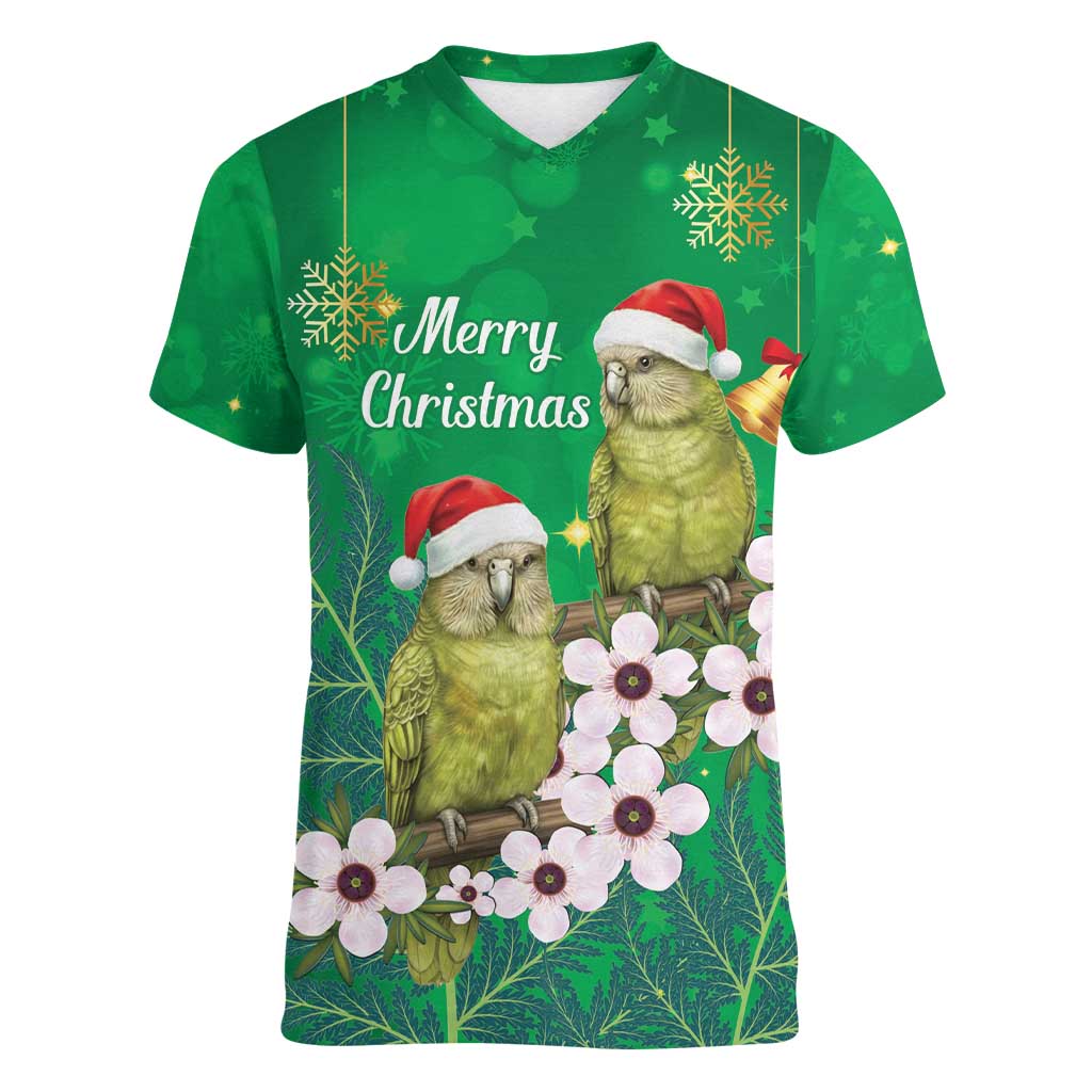 New Zealand Kakapo Christmas Women V-Neck T-Shirt Owl Parrot Santa Sliver Fern Manuka - Green - Aussie Hoodie