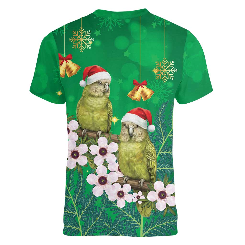 New Zealand Kakapo Christmas Women V-Neck T-Shirt Owl Parrot Santa Sliver Fern Manuka - Green - Aussie Hoodie