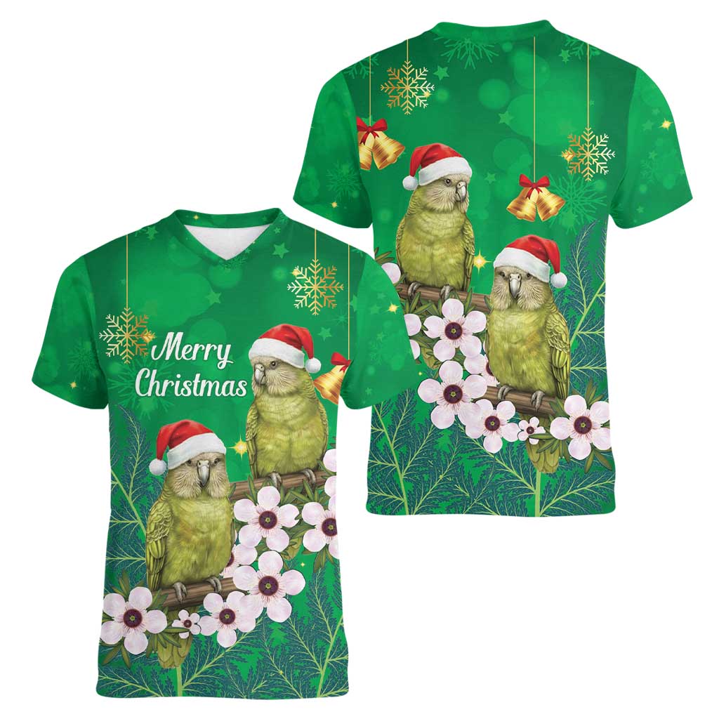 New Zealand Kakapo Christmas Women V-Neck T-Shirt Owl Parrot Santa Sliver Fern Manuka - Green - Aussie Hoodie