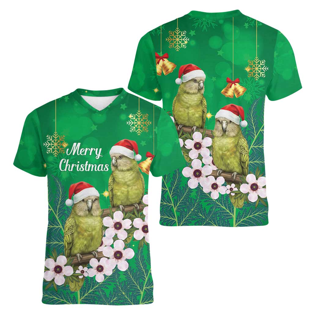 New Zealand Kakapo Christmas Women V-Neck T-Shirt Owl Parrot Santa Sliver Fern Manuka - Green - Aussie Hoodie