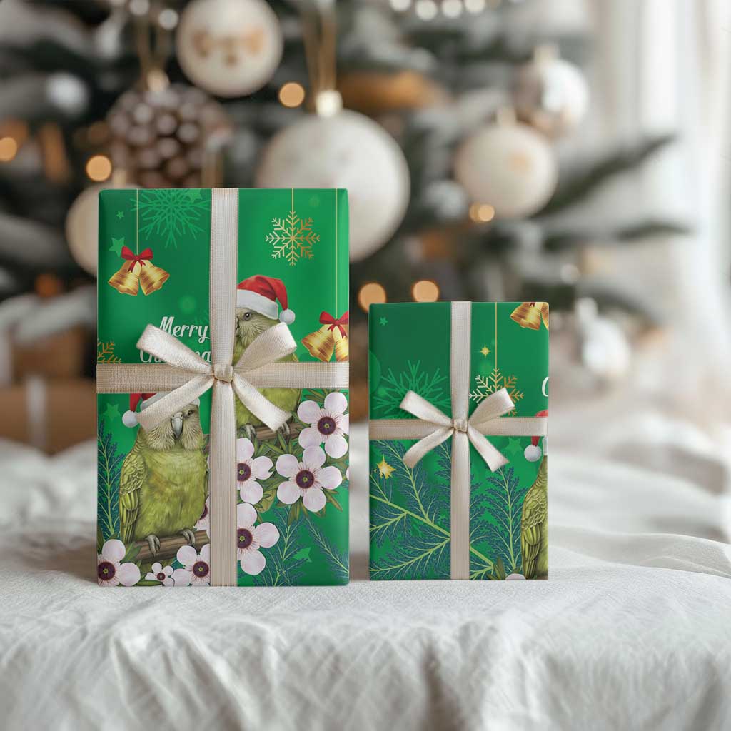 New Zealand Kakapo Christmas Wrapping Paper Owl Parrot Santa Sliver Fern Manuka - Green - Aussie Hoodie