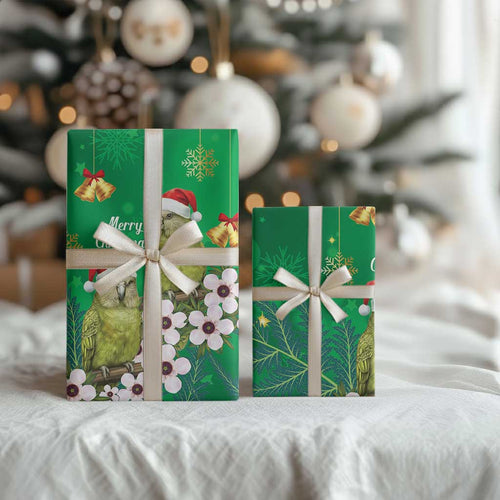 New Zealand Kakapo Christmas Wrapping Paper Owl Parrot Santa Sliver Fern Manuka - Green - Aussie Hoodie