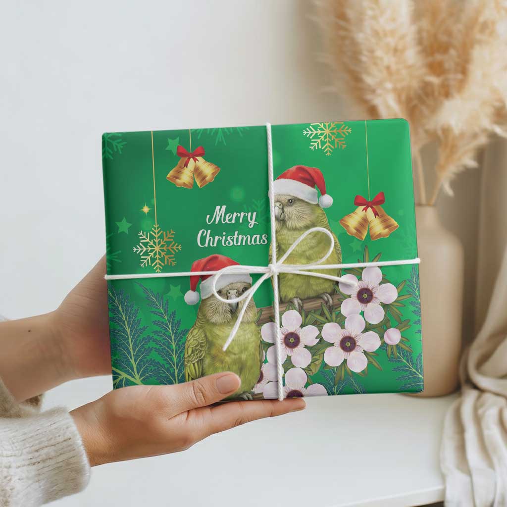 New Zealand Kakapo Christmas Wrapping Paper Owl Parrot Santa Sliver Fern Manuka - Green - Aussie Hoodie