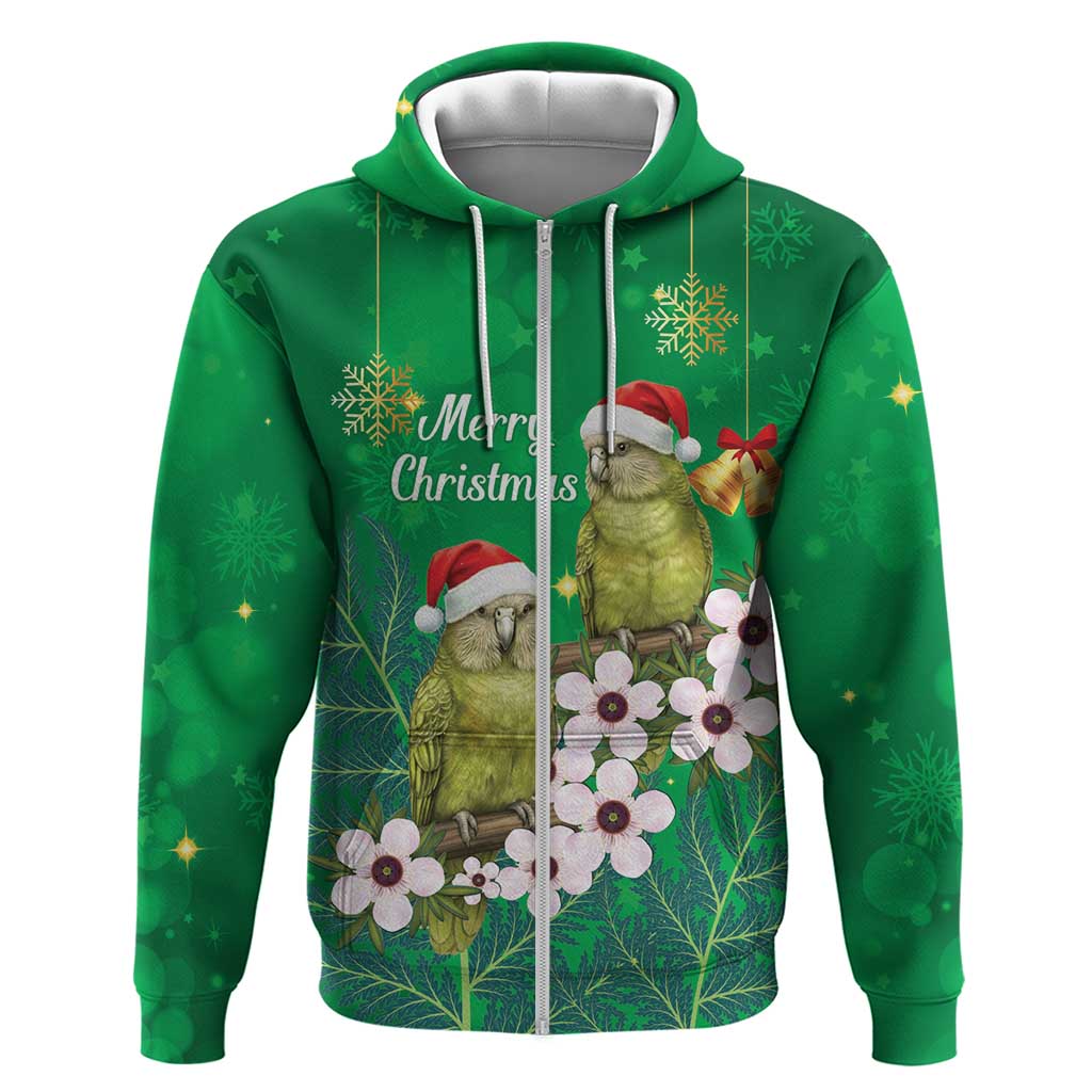 New Zealand Kakapo Christmas Zip Hoodie Owl Parrot Santa Sliver Fern Manuka - Green - Aussie Hoodie