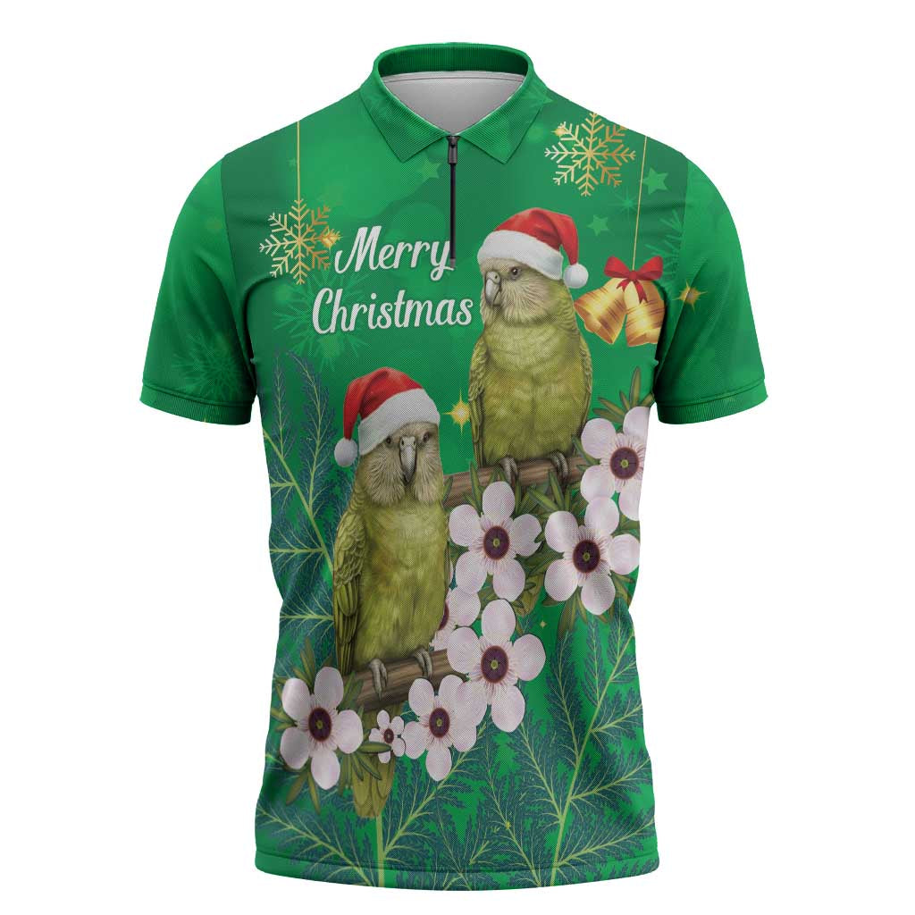 New Zealand Kakapo Christmas Zipper Polo Shirt Owl Parrot Santa Sliver Fern Manuka - Green - Aussie Hoodie