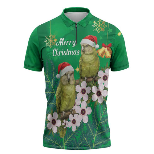New Zealand Kakapo Christmas Zipper Polo Shirt Owl Parrot Santa Sliver Fern Manuka - Green - Aussie Hoodie