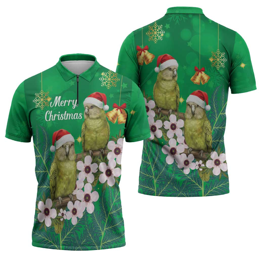 New Zealand Kakapo Christmas Zipper Polo Shirt Owl Parrot Santa Sliver Fern Manuka - Green - Aussie Hoodie
