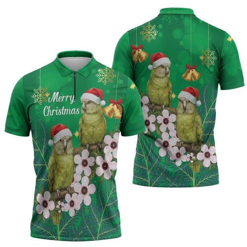 New Zealand Kakapo Christmas Zipper Polo Shirt Owl Parrot Santa Sliver Fern Manuka - Green - Aussie Hoodie