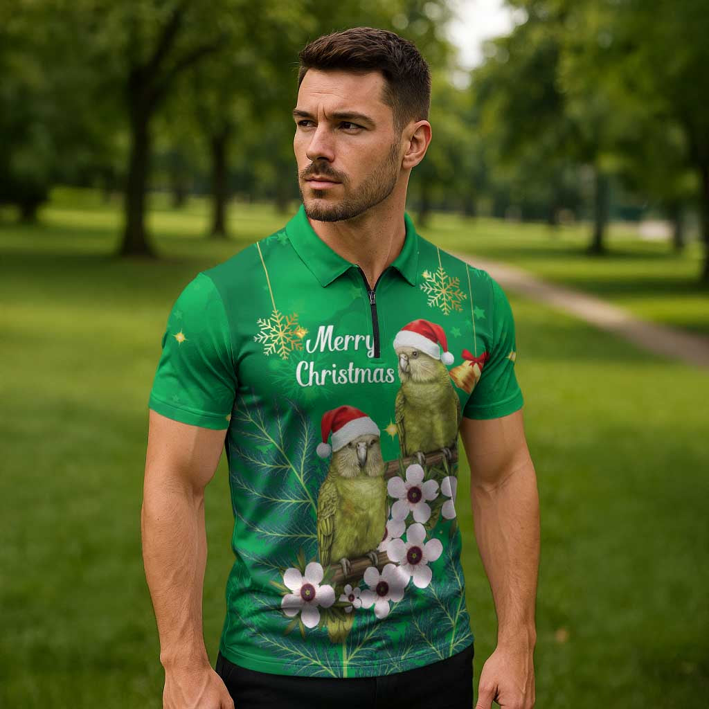 New Zealand Kakapo Christmas Zipper Polo Shirt Owl Parrot Santa Sliver Fern Manuka - Green - Aussie Hoodie