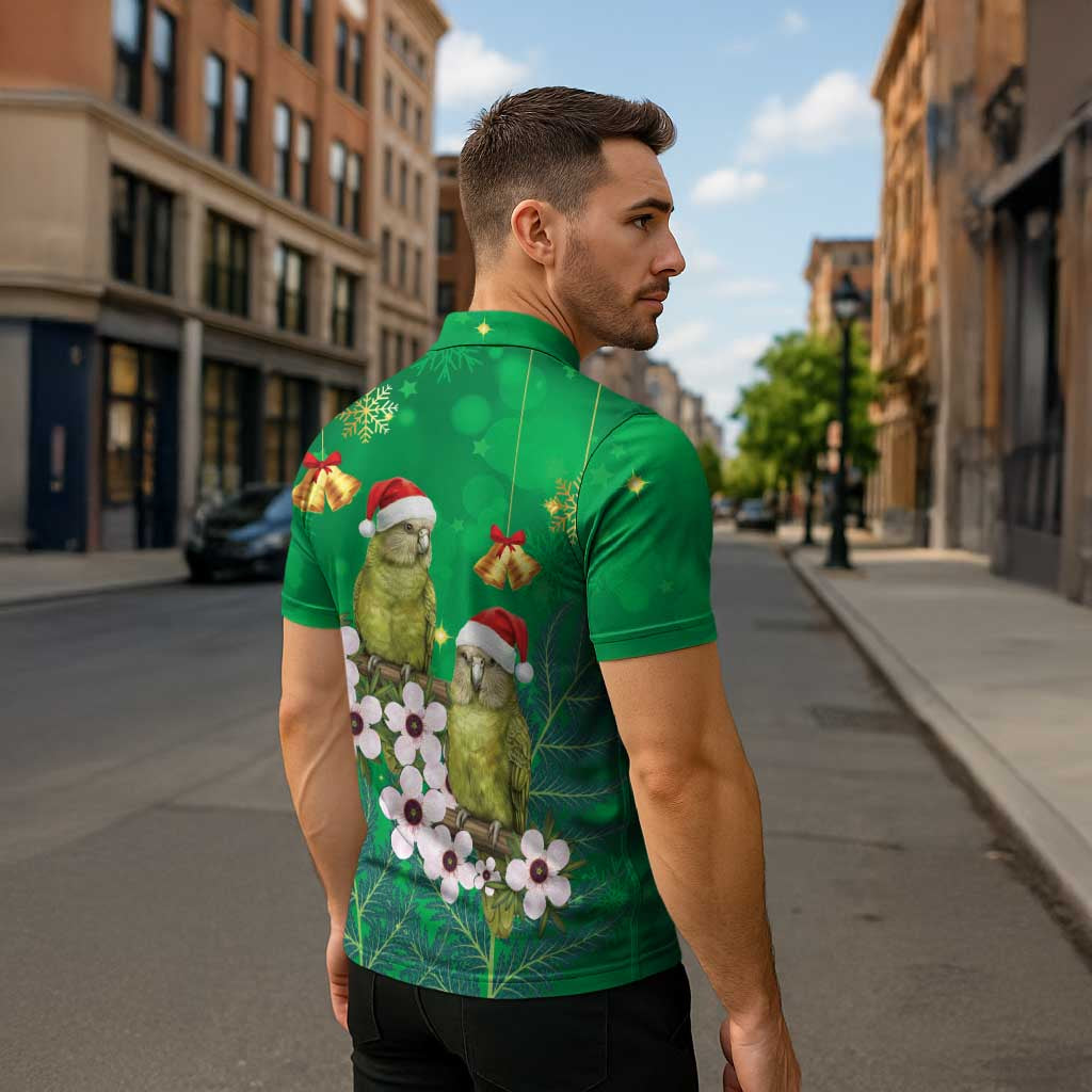 New Zealand Kakapo Christmas Zipper Polo Shirt Owl Parrot Santa Sliver Fern Manuka - Green - Aussie Hoodie