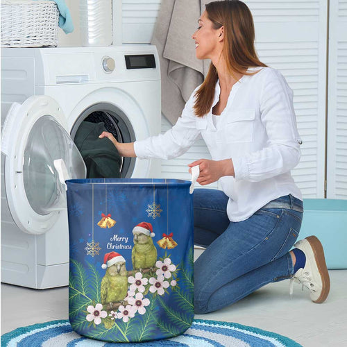 New Zealand Kakapo Christmas Laundry Basket Owl Parrot Santa Sliver Fern Manuka - Blue - Aussie Hoodie