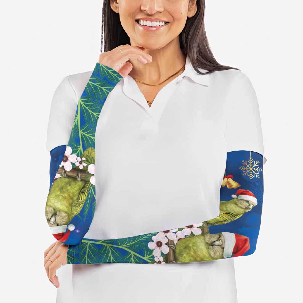 New Zealand Kakapo Christmas Arm Sleeves Owl Parrot Santa Sliver Fern Manuka - Blue - Aussie Hoodie