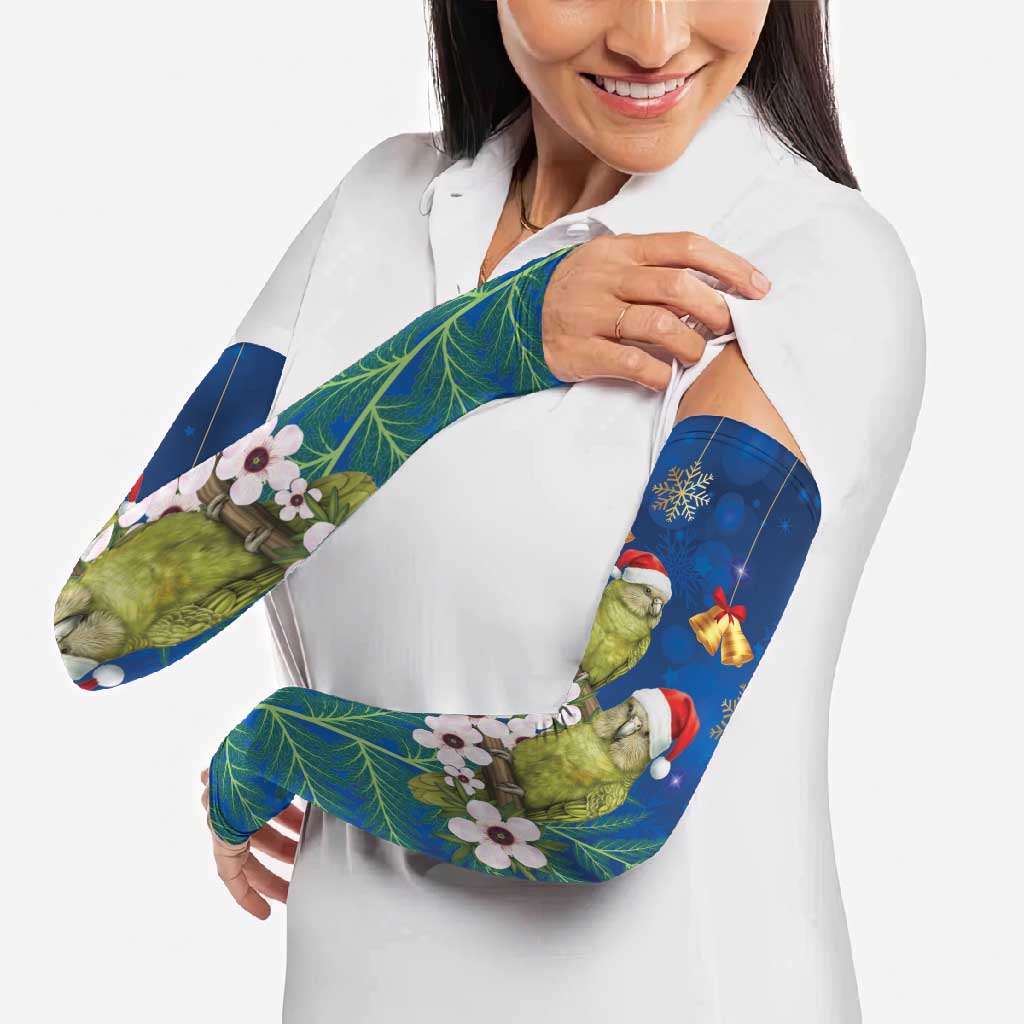 New Zealand Kakapo Christmas Arm Sleeves Owl Parrot Santa Sliver Fern Manuka - Blue - Aussie Hoodie