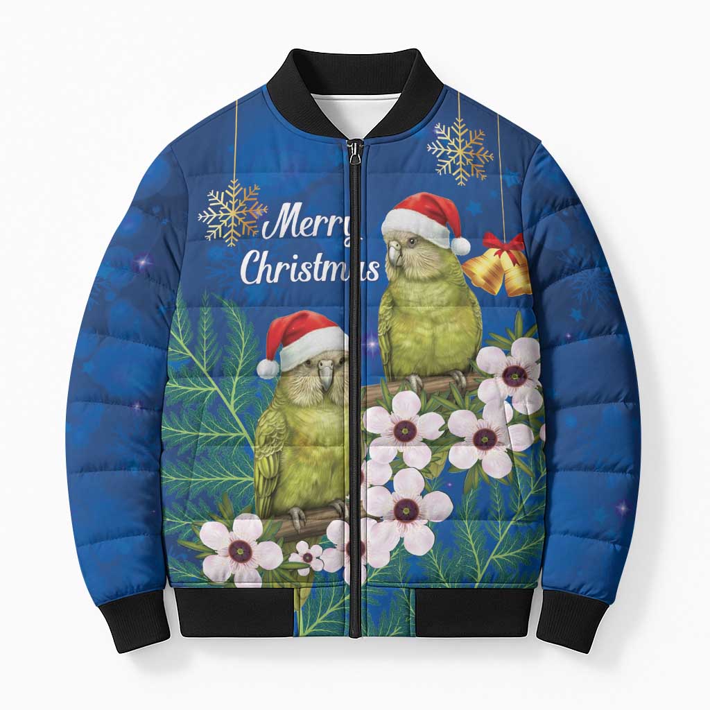 New Zealand Kakapo Christmas Bomber Puffer Jacket Owl Parrot Santa Sliver Fern Manuka - Blue - Aussie Hoodie