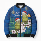 New Zealand Kakapo Christmas Bomber Puffer Jacket Owl Parrot Santa Sliver Fern Manuka - Blue - Aussie Hoodie