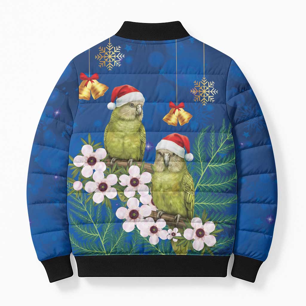New Zealand Kakapo Christmas Bomber Puffer Jacket Owl Parrot Santa Sliver Fern Manuka - Blue - Aussie Hoodie