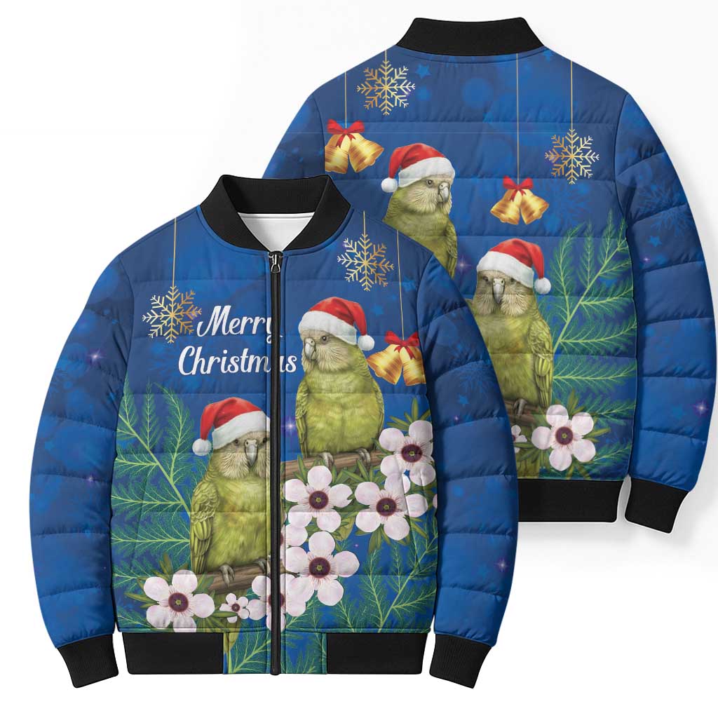 New Zealand Kakapo Christmas Bomber Puffer Jacket Owl Parrot Santa Sliver Fern Manuka - Blue - Aussie Hoodie