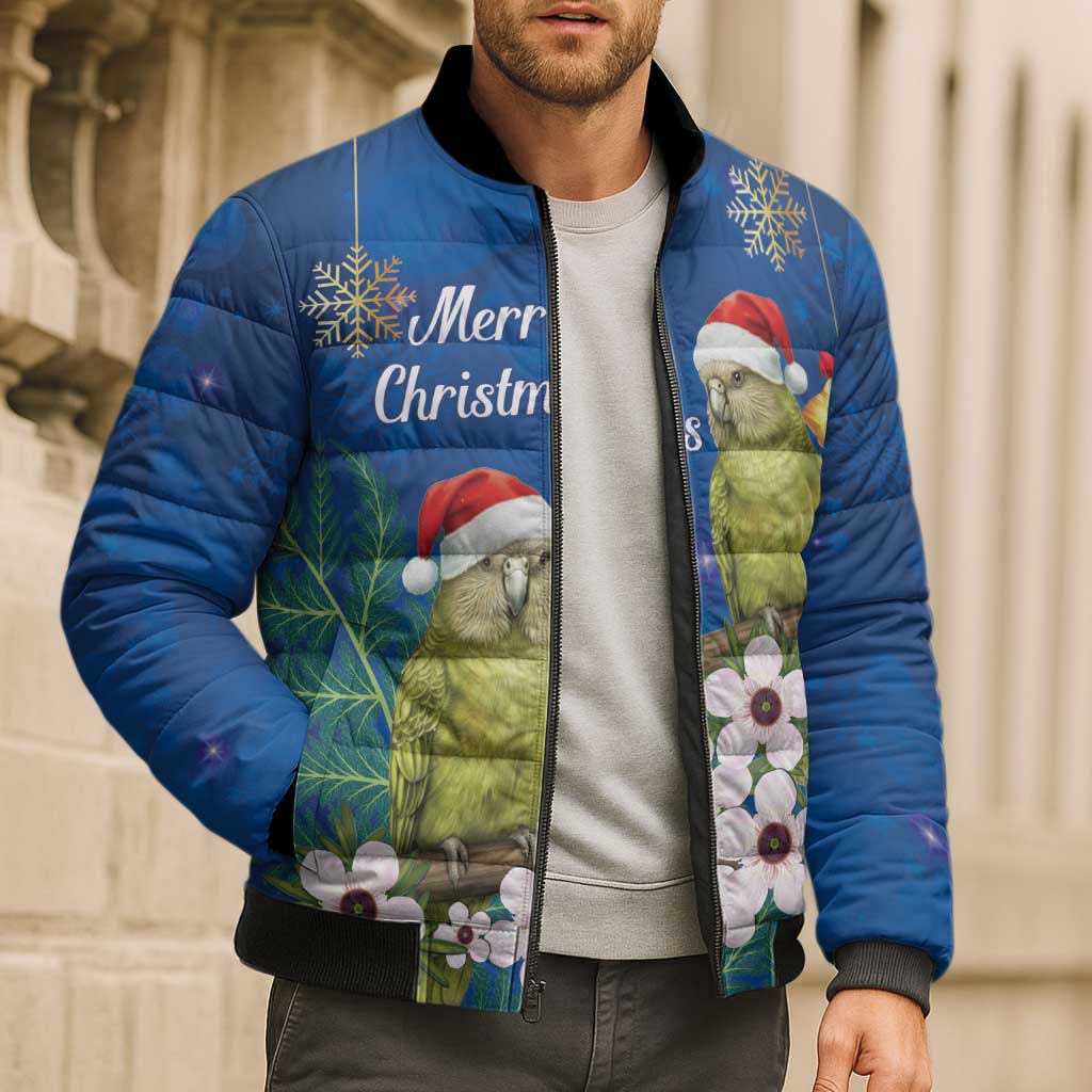 New Zealand Kakapo Christmas Bomber Puffer Jacket Owl Parrot Santa Sliver Fern Manuka - Blue - Aussie Hoodie