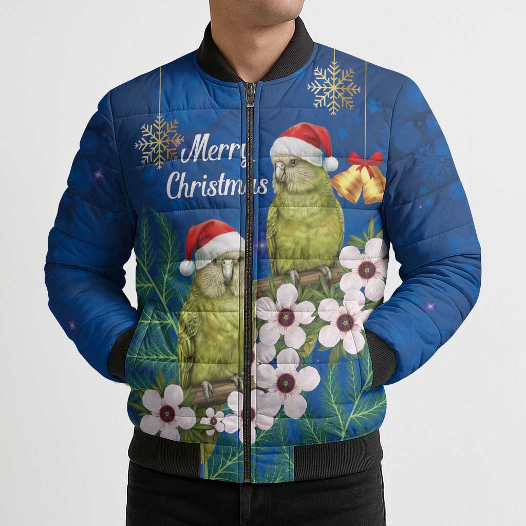 New Zealand Kakapo Christmas Bomber Puffer Jacket Owl Parrot Santa Sliver Fern Manuka - Blue - Aussie Hoodie