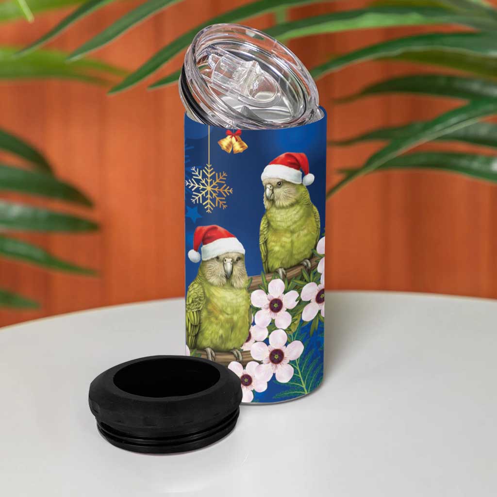New Zealand Kakapo Christmas 4 in 1 Can Cooler Tumbler Owl Parrot Santa Sliver Fern Manuka - Blue - Aussie Hoodie