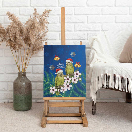 New Zealand Kakapo Christmas Canvas Wall Art Owl Parrot Santa Sliver Fern Manuka - Blue - Aussie Hoodie