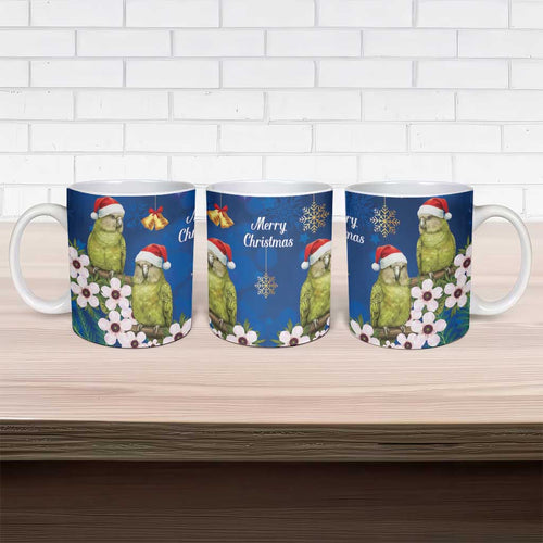 New Zealand Kakapo Christmas Ceramic Mug Owl Parrot Santa Sliver Fern Manuka - Blue - Aussie Hoodie