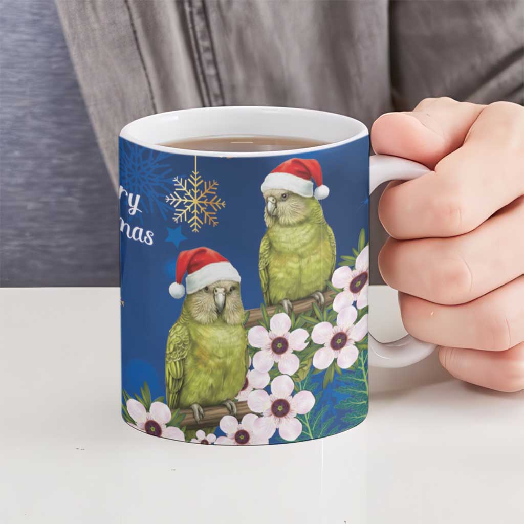 New Zealand Kakapo Christmas Ceramic Mug Owl Parrot Santa Sliver Fern Manuka - Blue - Aussie Hoodie