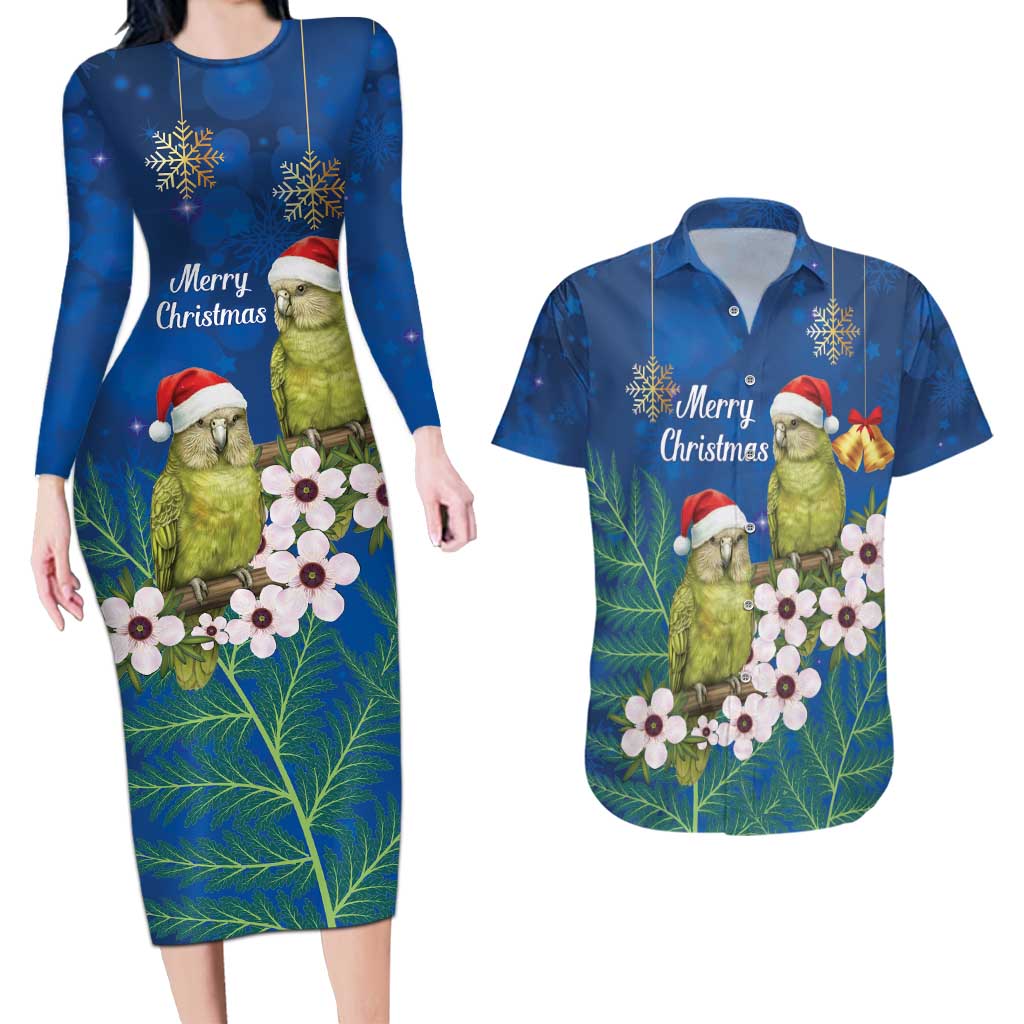 New Zealand Kakapo Christmas Couples Matching Long Sleeve Bodycon Dress and Hawaiian Shirt Owl Parrot Santa Sliver Fern Manuka - Blue - Aussie Hoodie