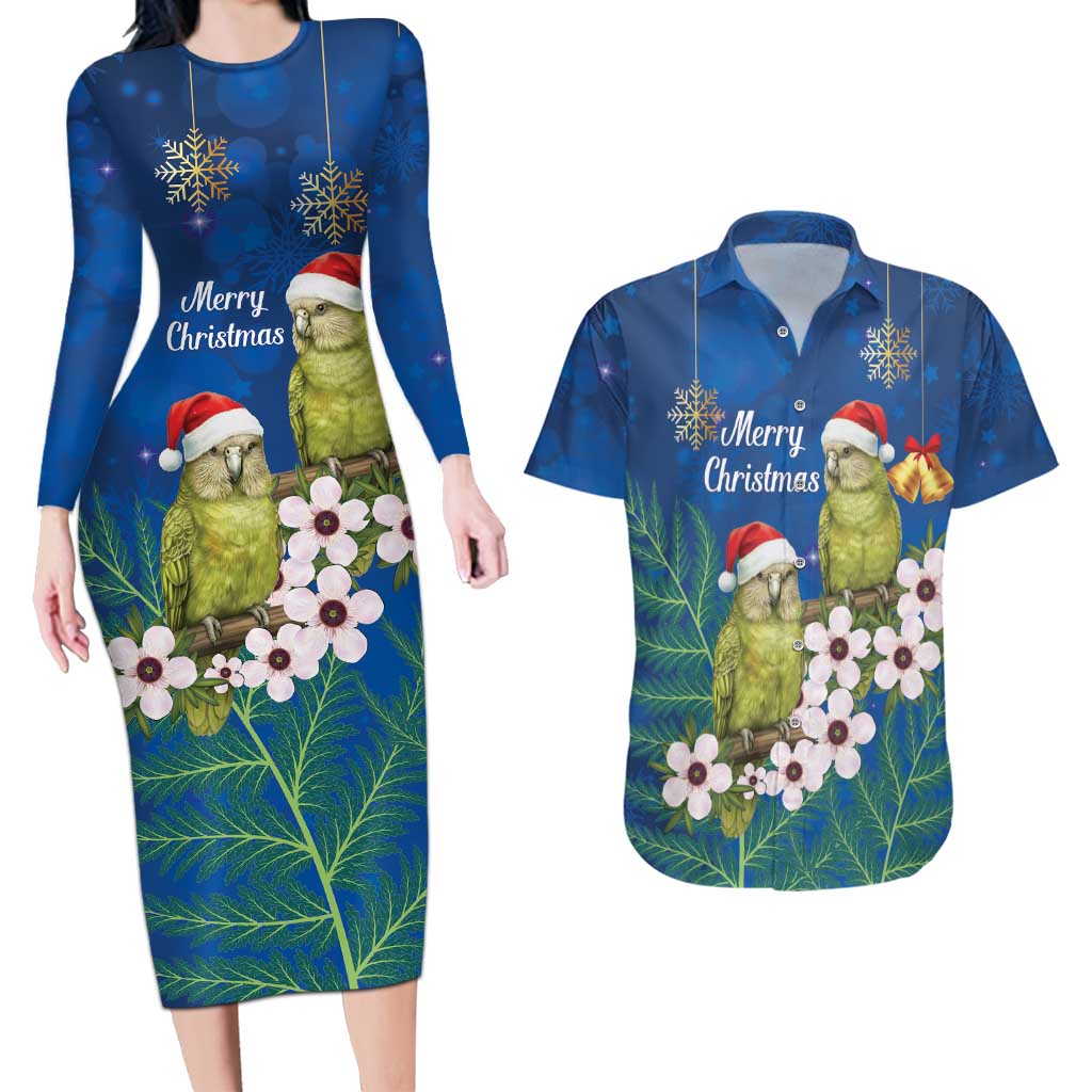 New Zealand Kakapo Christmas Couples Matching Long Sleeve Bodycon Dress and Hawaiian Shirt Owl Parrot Santa Sliver Fern Manuka - Blue - Aussie Hoodie