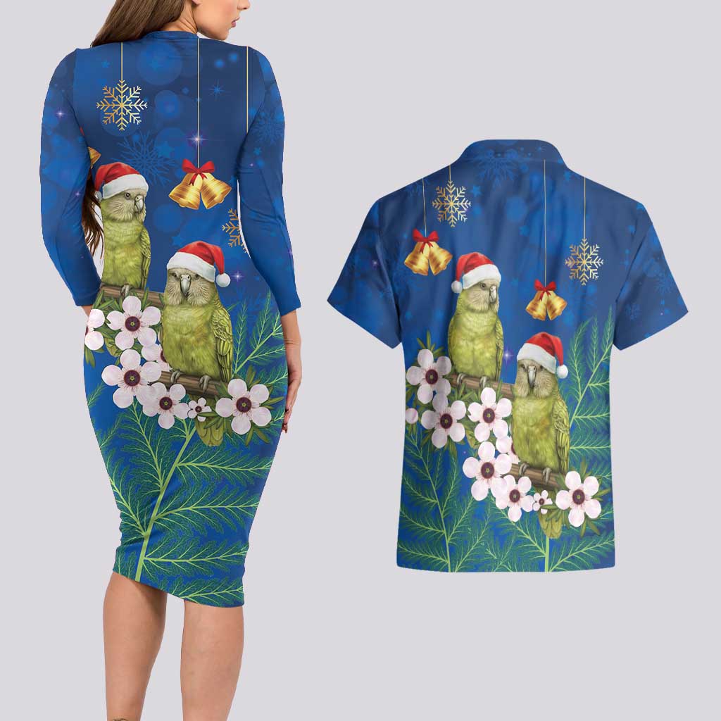 New Zealand Kakapo Christmas Couples Matching Long Sleeve Bodycon Dress and Hawaiian Shirt Owl Parrot Santa Sliver Fern Manuka - Blue - Aussie Hoodie