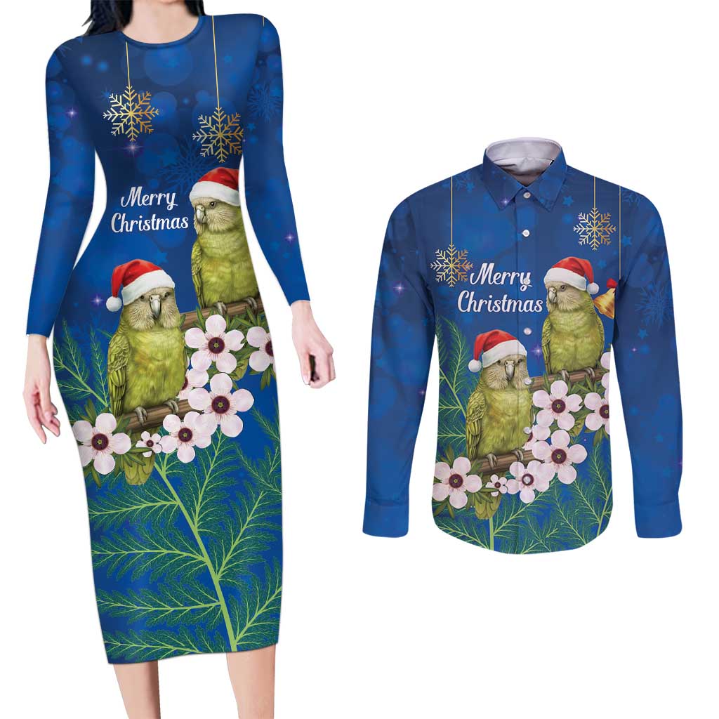 New Zealand Kakapo Christmas Couples Matching Long Sleeve Bodycon Dress and Long Sleeve Button Shirt Owl Parrot Santa Sliver Fern Manuka - Blue - Aussie Hoodie