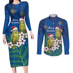 New Zealand Kakapo Christmas Couples Matching Long Sleeve Bodycon Dress and Long Sleeve Button Shirt Owl Parrot Santa Sliver Fern Manuka - Blue - Aussie Hoodie