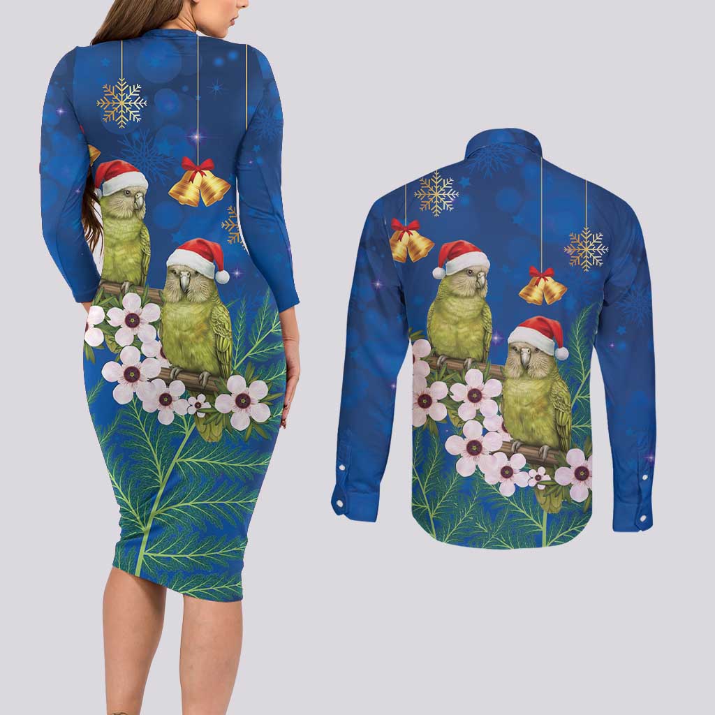 New Zealand Kakapo Christmas Couples Matching Long Sleeve Bodycon Dress and Long Sleeve Button Shirt Owl Parrot Santa Sliver Fern Manuka - Blue - Aussie Hoodie