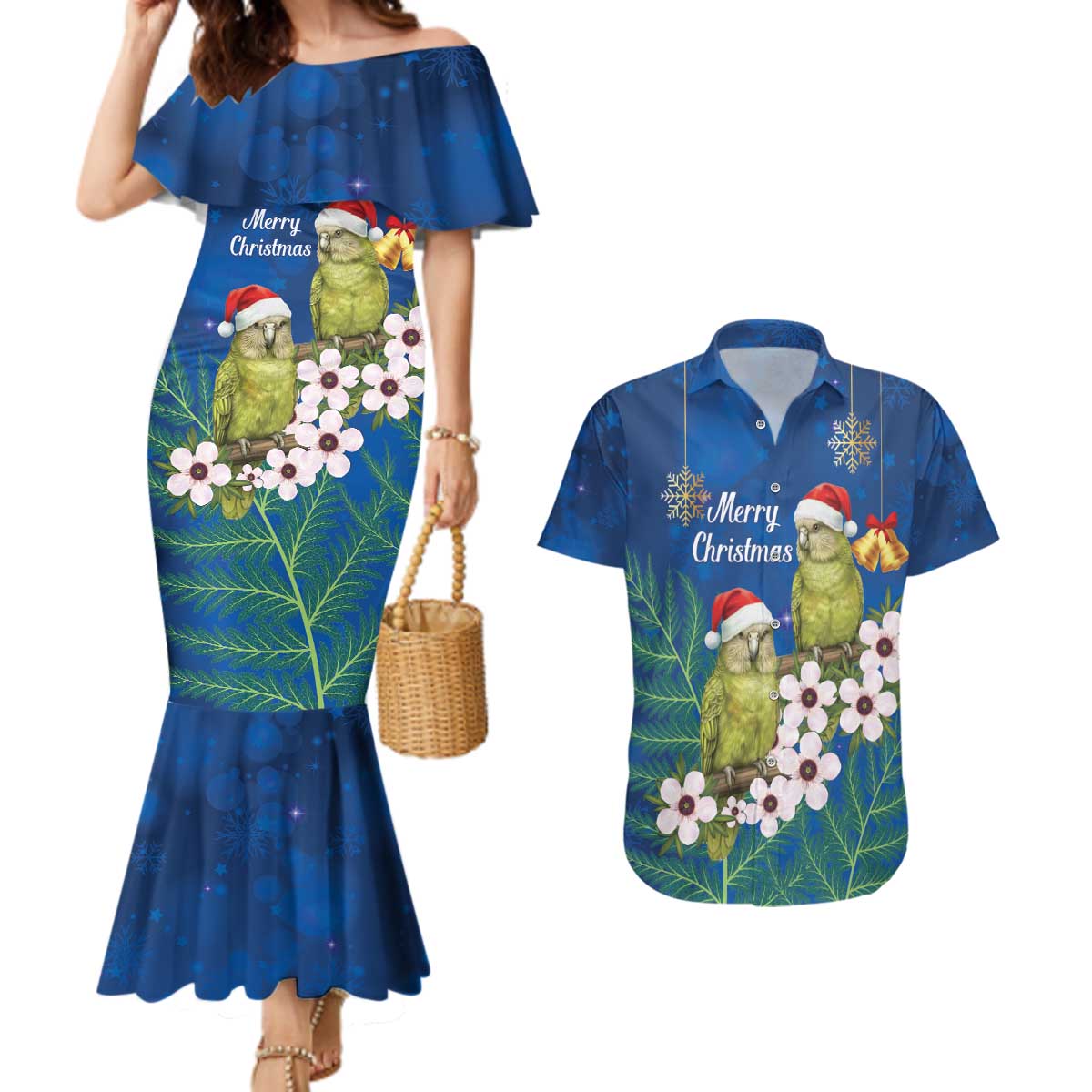 New Zealand Kakapo Christmas Couples Matching Mermaid Dress and Hawaiian Shirt Owl Parrot Santa Sliver Fern Manuka - Blue - Aussie Hoodie