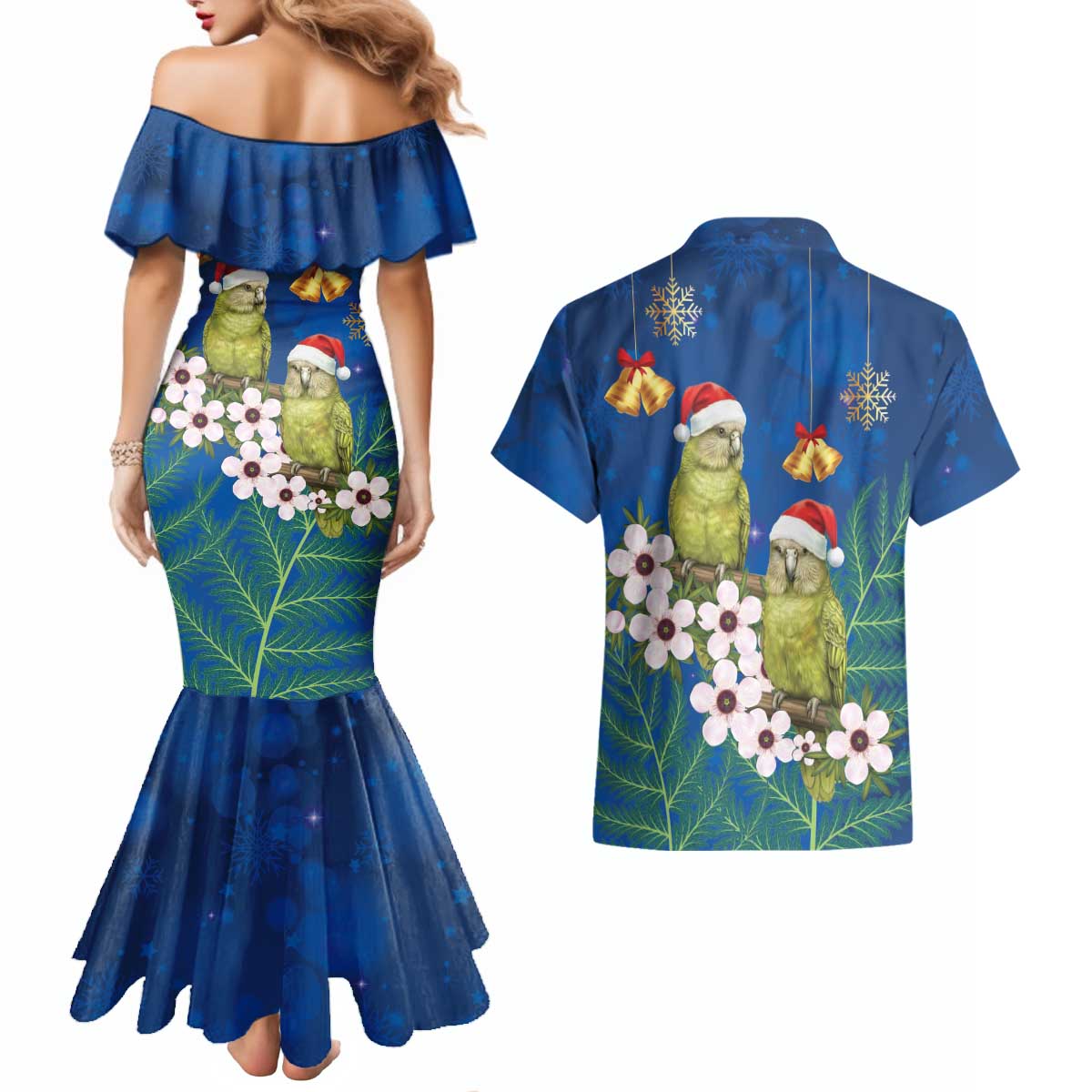 New Zealand Kakapo Christmas Couples Matching Mermaid Dress and Hawaiian Shirt Owl Parrot Santa Sliver Fern Manuka - Blue - Aussie Hoodie