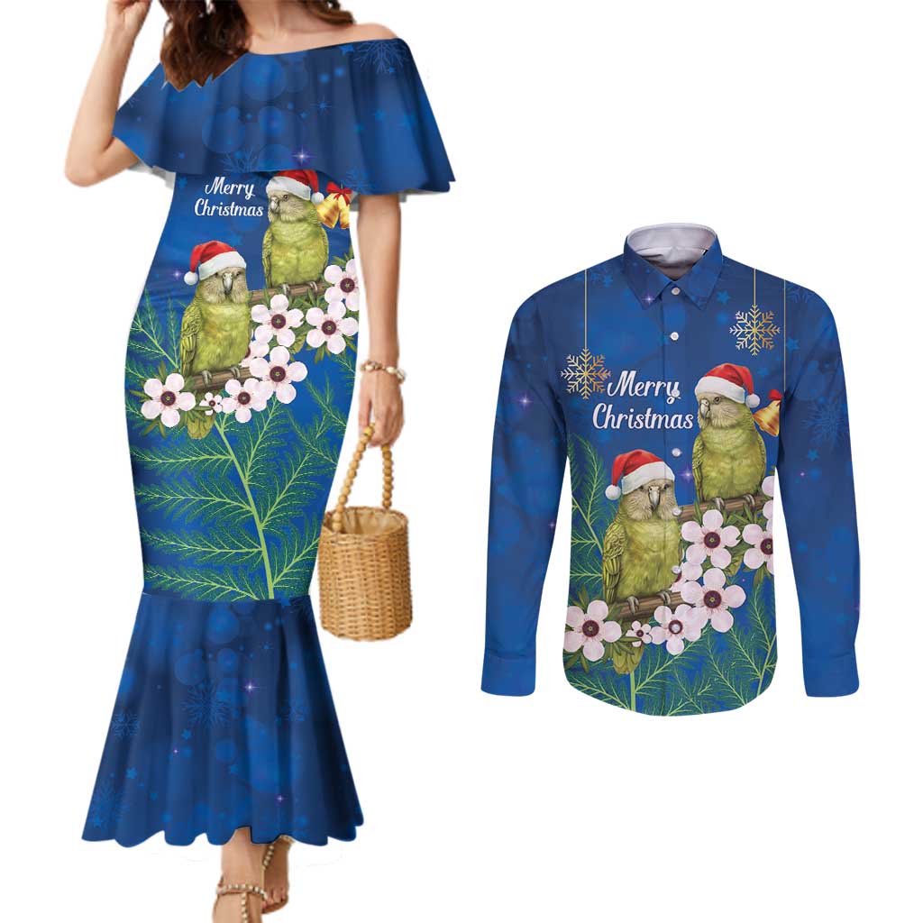 New Zealand Kakapo Christmas Couples Matching Mermaid Dress and Long Sleeve Button Shirt Owl Parrot Santa Sliver Fern Manuka - Blue - Aussie Hoodie