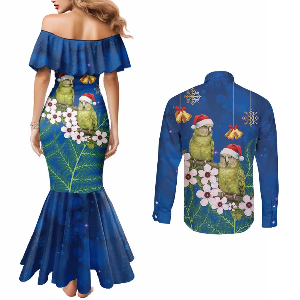 New Zealand Kakapo Christmas Couples Matching Mermaid Dress and Long Sleeve Button Shirt Owl Parrot Santa Sliver Fern Manuka - Blue - Aussie Hoodie