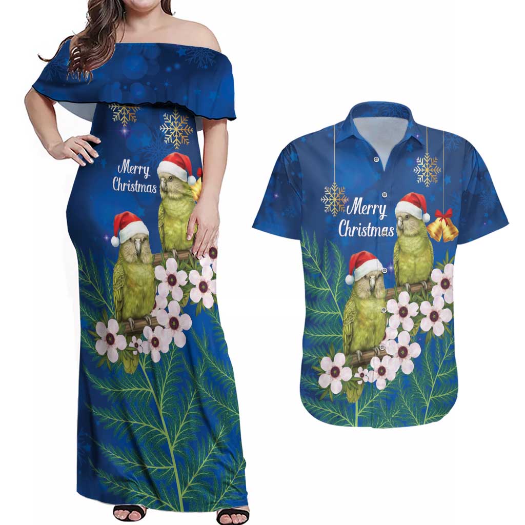 New Zealand Kakapo Christmas Couples Matching Off Shoulder Maxi Dress and Hawaiian Shirt Owl Parrot Santa Sliver Fern Manuka - Blue - Aussie Hoodie