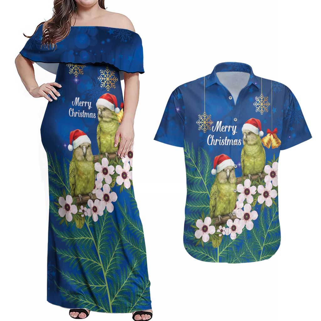 New Zealand Kakapo Christmas Couples Matching Off Shoulder Maxi Dress and Hawaiian Shirt Owl Parrot Santa Sliver Fern Manuka - Blue - Aussie Hoodie