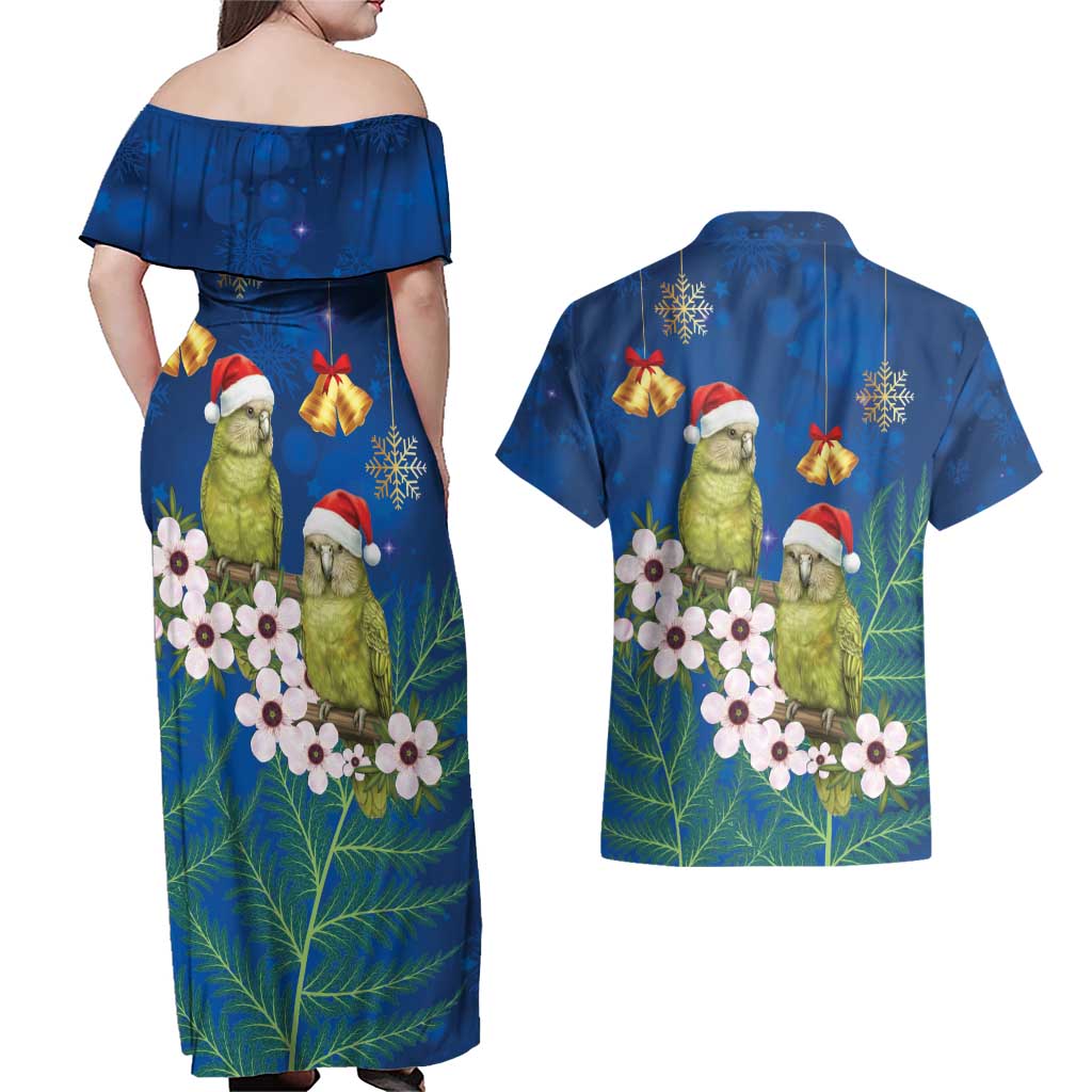 New Zealand Kakapo Christmas Couples Matching Off Shoulder Maxi Dress and Hawaiian Shirt Owl Parrot Santa Sliver Fern Manuka - Blue - Aussie Hoodie