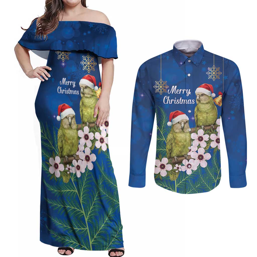 New Zealand Kakapo Christmas Couples Matching Off Shoulder Maxi Dress and Long Sleeve Button Shirt Owl Parrot Santa Sliver Fern Manuka - Blue - Aussie Hoodie