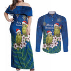 New Zealand Kakapo Christmas Couples Matching Off Shoulder Maxi Dress and Long Sleeve Button Shirt Owl Parrot Santa Sliver Fern Manuka - Blue - Aussie Hoodie
