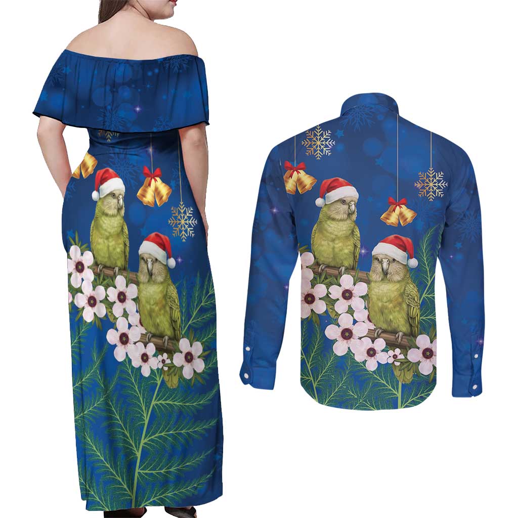 New Zealand Kakapo Christmas Couples Matching Off Shoulder Maxi Dress and Long Sleeve Button Shirt Owl Parrot Santa Sliver Fern Manuka - Blue - Aussie Hoodie