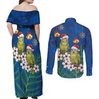 New Zealand Kakapo Christmas Couples Matching Off Shoulder Maxi Dress and Long Sleeve Button Shirt Owl Parrot Santa Sliver Fern Manuka - Blue - Aussie Hoodie