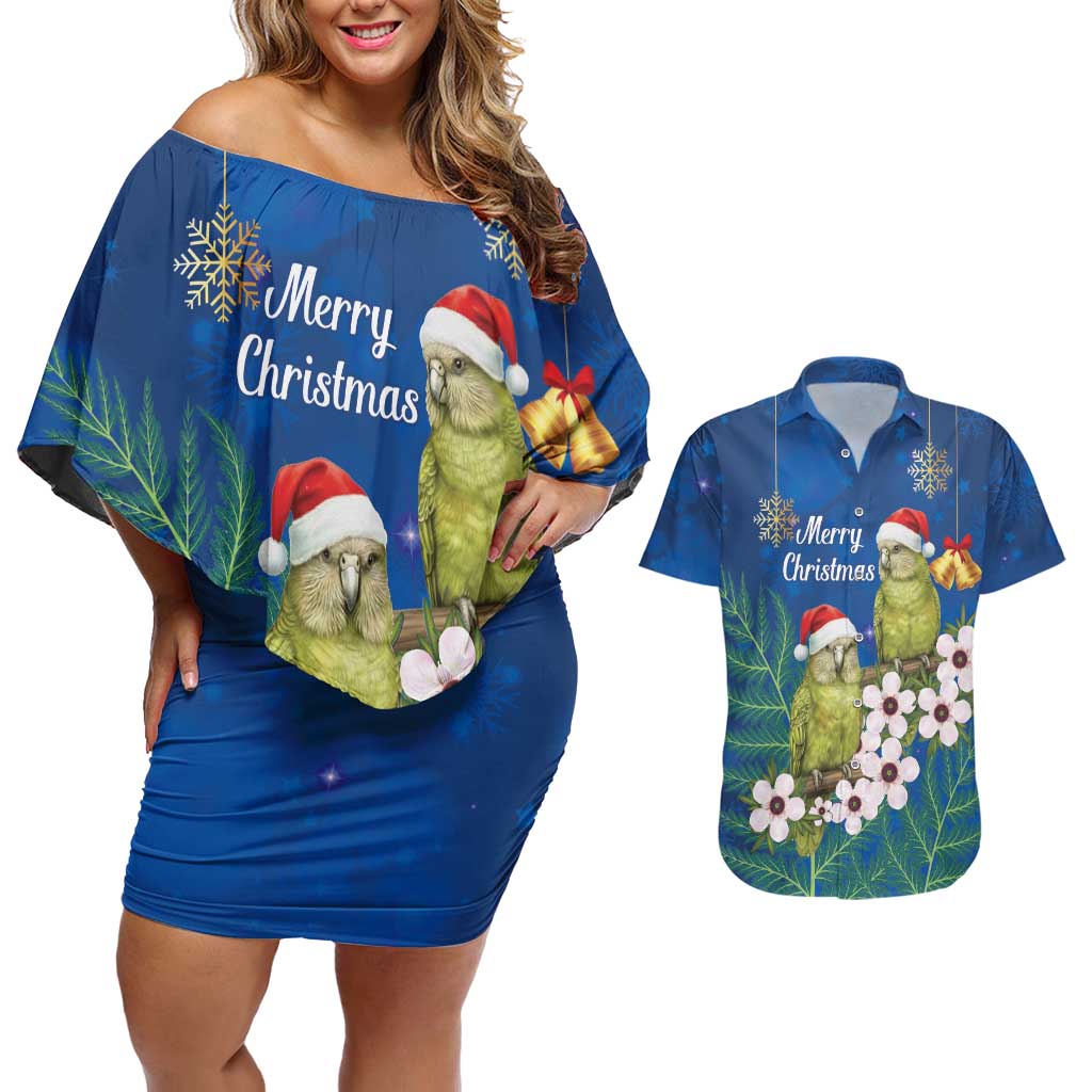 New Zealand Kakapo Christmas Couples Matching Off Shoulder Short Dress and Hawaiian Shirt Owl Parrot Santa Sliver Fern Manuka - Blue - Aussie Hoodie