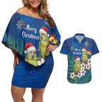 New Zealand Kakapo Christmas Couples Matching Off Shoulder Short Dress and Hawaiian Shirt Owl Parrot Santa Sliver Fern Manuka - Blue - Aussie Hoodie