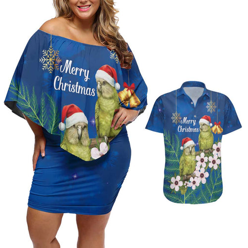 New Zealand Kakapo Christmas Couples Matching Off Shoulder Short Dress and Hawaiian Shirt Owl Parrot Santa Sliver Fern Manuka - Blue - Aussie Hoodie
