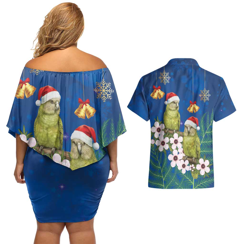 New Zealand Kakapo Christmas Couples Matching Off Shoulder Short Dress and Hawaiian Shirt Owl Parrot Santa Sliver Fern Manuka - Blue - Aussie Hoodie