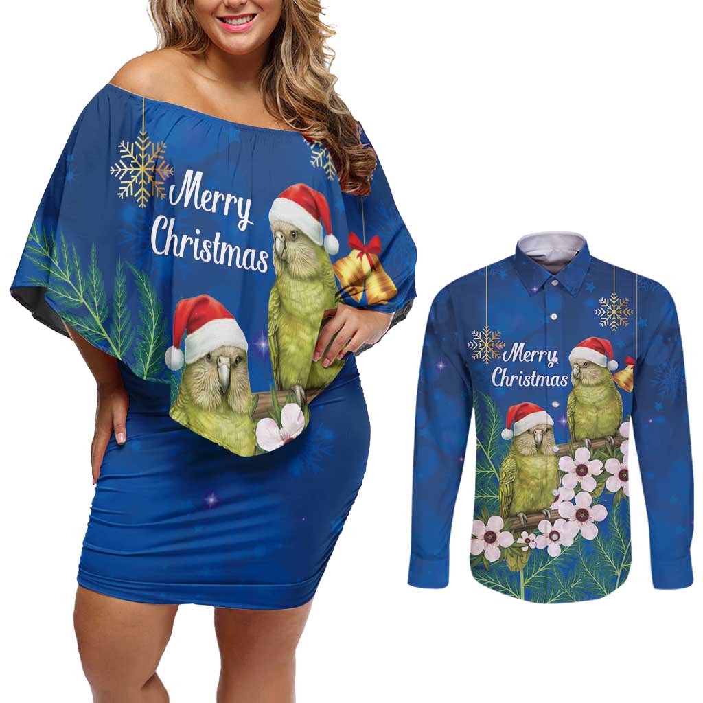 New Zealand Kakapo Christmas Couples Matching Off Shoulder Short Dress and Long Sleeve Button Shirt Owl Parrot Santa Sliver Fern Manuka - Blue - Aussie Hoodie