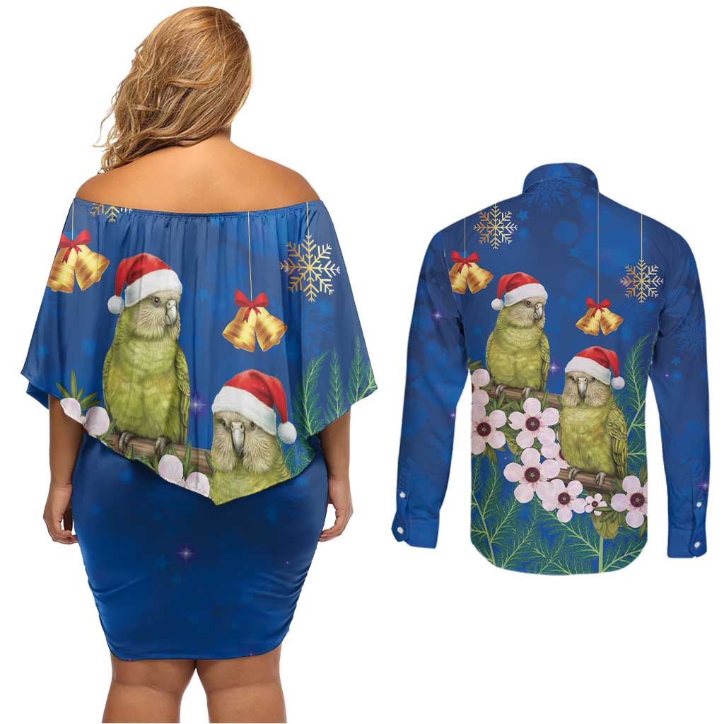 New Zealand Kakapo Christmas Couples Matching Off Shoulder Short Dress and Long Sleeve Button Shirt Owl Parrot Santa Sliver Fern Manuka - Blue - Aussie Hoodie